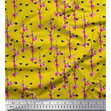 Soimoi Georgette Viscose Fabric Leaves,Floral & Honey Bee Insects Print Fabric by The Yard 42 Inch Wide