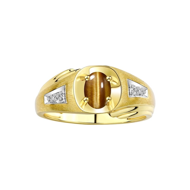 RYLOS Men's Rings 14K Yellow Gold Rings Classic Designer Style 7X5MM Oval Gemstone & Diamond Ring Tiger Eye November Birthstone Rings For Men Size 11