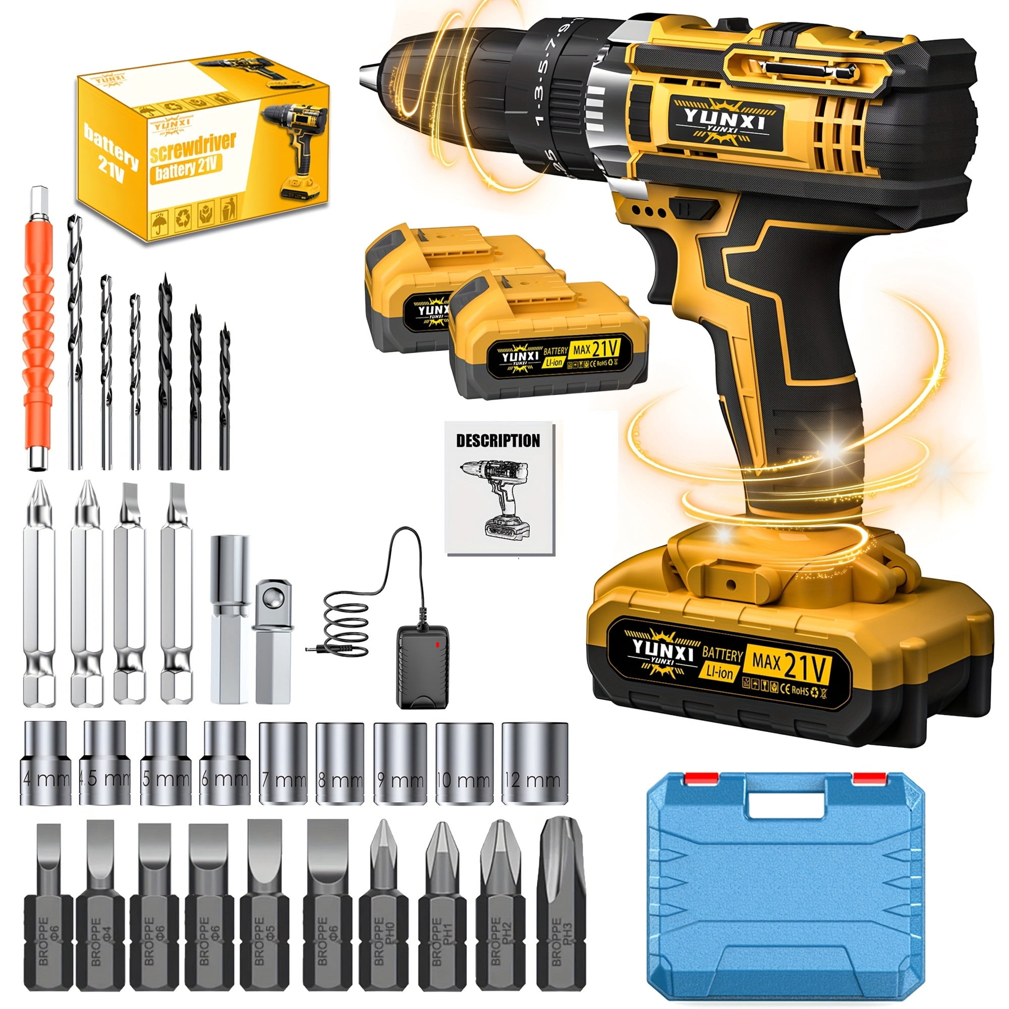 DGB 21V cordless portable rechargeable hand drill, lithium impact drill, household hand drill charging tool, lithium battery multifunctional impact pistol drill, electric screwdriver