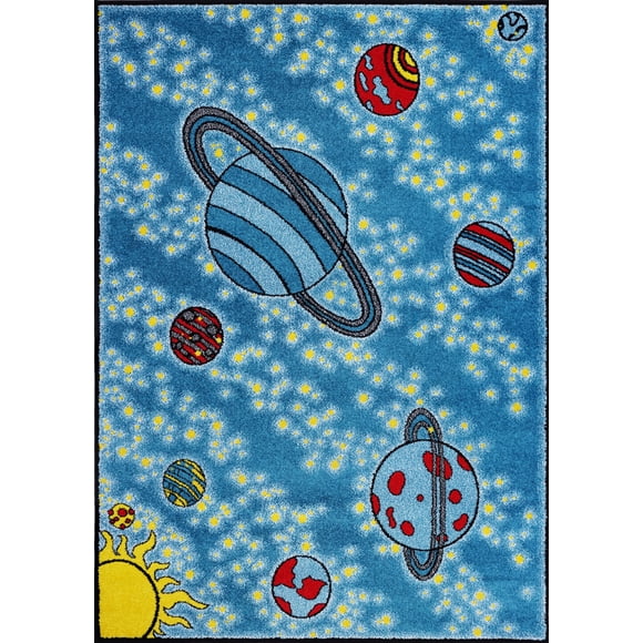 Ladole Rugs Tapis pour Enfants d'Intérieur à Thème Univers Innovant en Bleu et Jaune, 6x9 (6 Pieds2 Pouces x 9 Pieds2 Pouces, 190cm x 280cm)