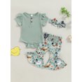 thumbnail image 2 of EYIIYE Toddler Baby Girl 3Pcs Summer Outfits 0 3M 6M 12M 18M Infant Short Sleeve Jumpsuits Ribbed Ruffled Rompers with FloralChick Flare Pants Headbals Fashion Cute Casual Clothes for Daily, 2 of 8
