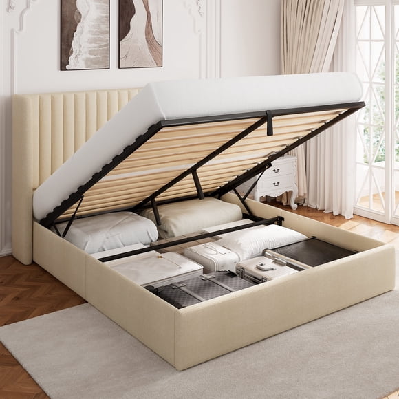 Einhomn Queen Size Lift Up Storage Bed With Wingback Headboard, Upholstered Platform Bed Frame With Hydraulic Storage, Linen Fabric, No Box Spring Needed,Beige