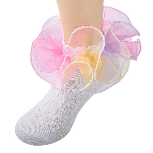 WUANDIXFA Girls Ruffle Socks Frilly Ankle Socks Toddler Socks Floor Socks Summer Socks Rainbow Color Lace Thin Breathable Autumn Fashion Light Yellow,5-8 Years