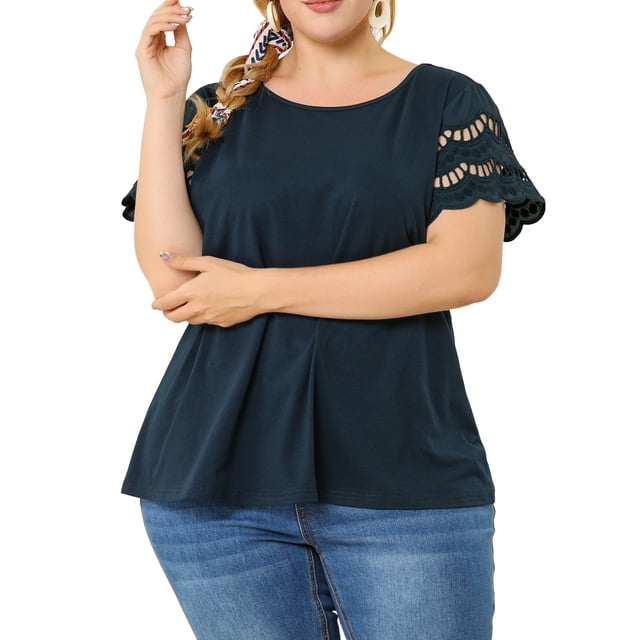 Agnes Orinda Women's Plus Size Tops Lace Panel Short Sleeves Spring Summer Solid Work Blouses 4X Dark Blue