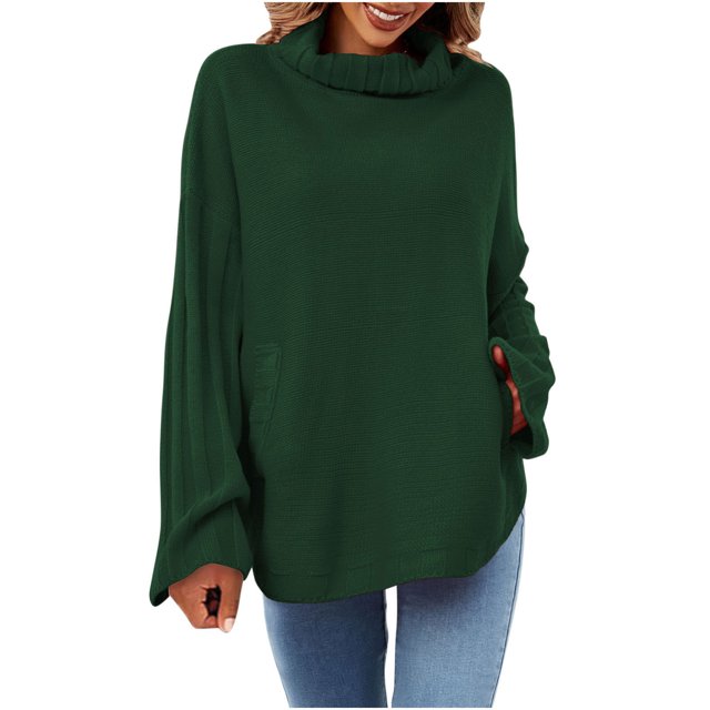TIMIFIS Womens' Turtleneck Long Sleeve Cable Knit Sweaters Oversized Sweaters Fall Long Sleeve Spilt Hem Tunic Pullover Sweater Knit TopsFall/Winter