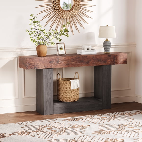 Wooden Entryway Table with Power Outlet, 63" Narrow Farmhouse Sofa Console Table with 2-Tier Storage for Living Room Behind Couch