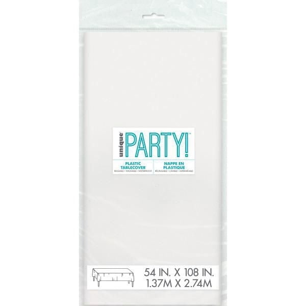 Unique Industries' White Rectangular Plastic Tablecloth, 54" x 108"