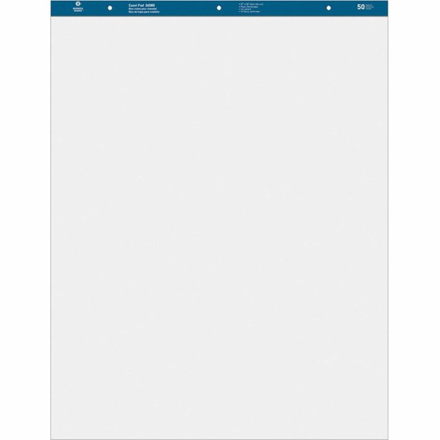 Business Source 36585 Standard Easel Pads, Plain, 27-Inch x 34-Inch, featuring 50 white sheets per pad, sold as a set of 2. The pads have a blue header with pre-punched holes for easy hanging on easels, ideal for kids' art supplies, brainstorming sessions, or presentations.