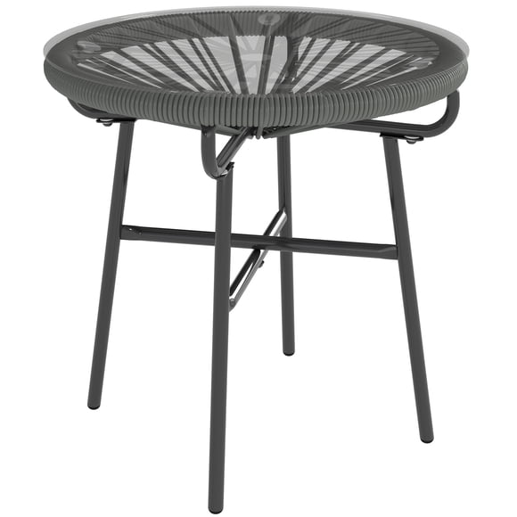 Outsunny Rattan Side Table w/ PE Rattan and Tempered Glass Top, Dark Grey