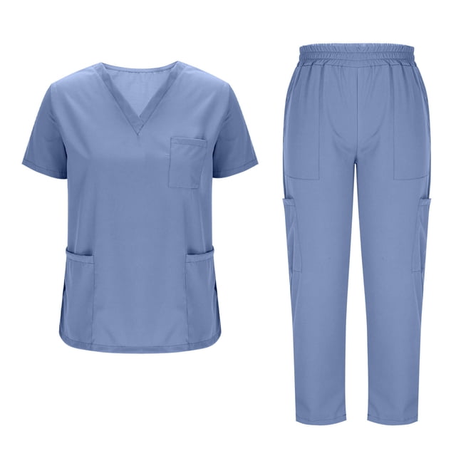 Nfurl Nursing Uniform Scrub Sets for Women with 7 Pockets Short Sleeve V Neck Scrub Tops and Straight Leg Pants Nurse Uniform Set 2 Piece Light Blue M