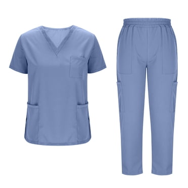 yoeyez Scrubs Sets for Women Clearance,Womens Modern V Neck Scrub Top andjogger Pant With Multi Pocket for Nurse Workwear Light Blue