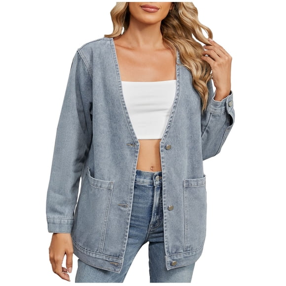 Hvobtty Women's Long Sleeve Casual Denim Jacket, Women's Fashion Color Lapel Look Slimmer Sleeve Denim Coat