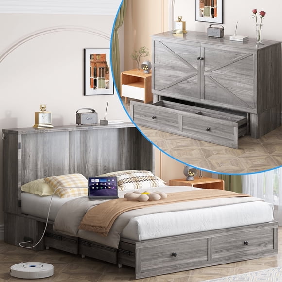 PUREMIND Lit Escamotable Grand Lit avec Matelas, Lit Armoire avec Station de Recharge et Tiroir de Rangement, Meuble de Lit Escamotable pour la Maison/chambre d'Amis, Gris