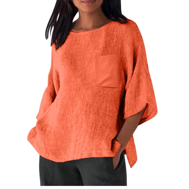 Pisexur Hauts d'Été pour Femmes Mode Chemises en Coton et Lin Décontractées Col Rond Manches 3/4 Chemises pour Femmes Confortables Amples pour Sortir Blouses Unies d'Automne avec Poches