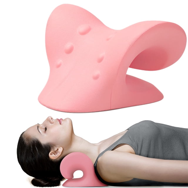 RESTCLOUD Neck and Shoulder Relaxer in pink, a cervical traction device for TMJ pain relief, cervical spine alignment, and posture correction. Features an ergonomic, curved design with textured surface for comfort and support. Shown in use, gently stretching neck and shoulder muscles while lying down.