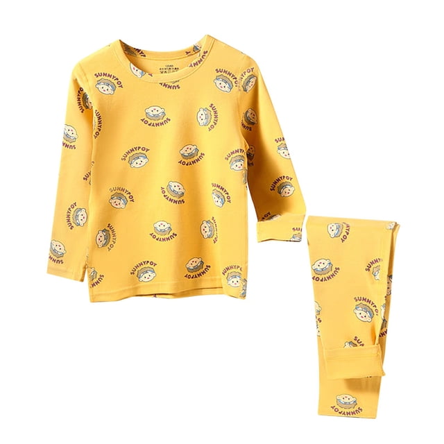 PMVFHDE Pyjama d'Été pour Fille, Mode Décontractée pour Enfants, Imprimé, Long, Tenue d'Intérieur Jaune, 3-4 Ans