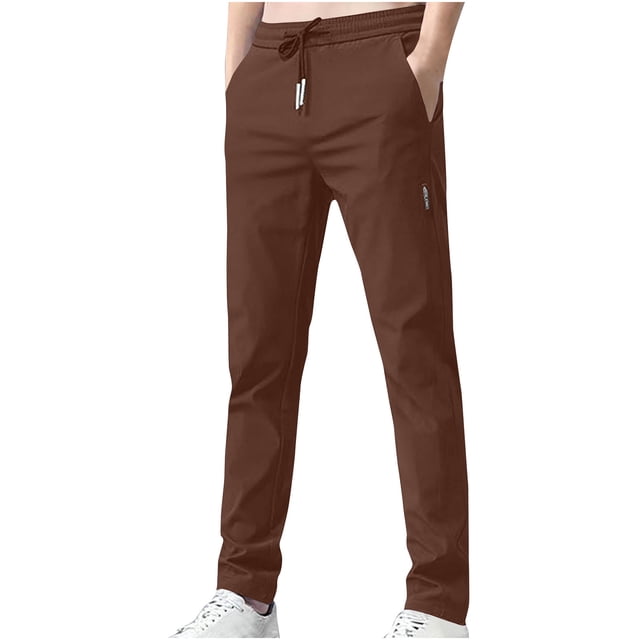 Mens Casual Pant Elastic Waist Drawstring Lightweight Trousers Loose Straight Leg Solid Pants with Pockets Coffee XL
