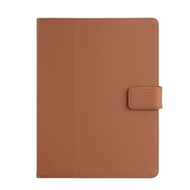 Onn 9 in. - 10.9 in. Universal Folio Tablet Case with Magnetic Closure and Stylus Holder in brown, front view showing smooth synthetic leather cover with magnetic tab closure and stitched edges, fits most 9 to 10.9 inch tablets, includes built-in stand and stylus holder suitable for hands-free viewing and secure tablet protection