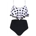 thumbnail image 2 of Women High Waisted Bikini Ruffle Swimsuit Flounce Pom Pom Trim Two Piece Bathing Suit Tassel Black Dots (S, 2 of 5