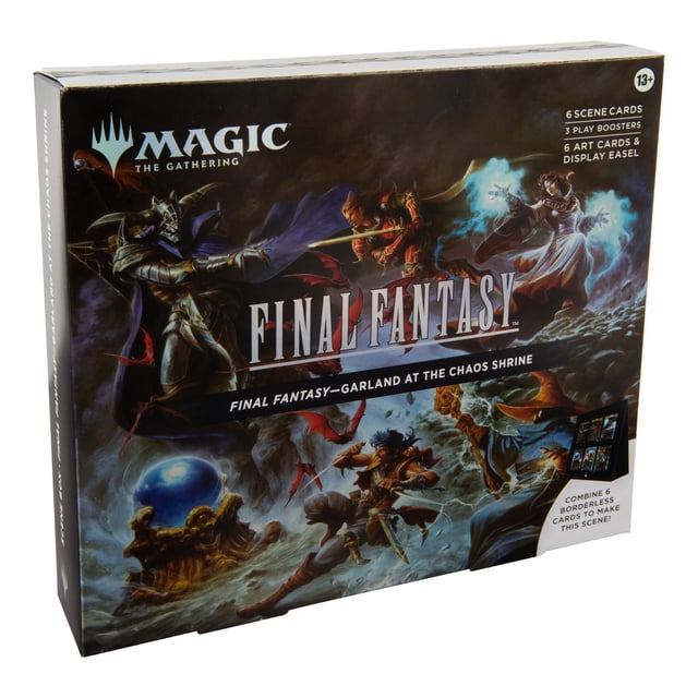 Magic: The Gathering Boîte de Scène Final Fantasy Mettant en Vedette Final Fantasy-Garland au Sanctuaire du Chaos, Illustration avec Personnages Blindés et Effets Magiques sur Fond Sombre. Comprend 6 Cartes de Scène, 3 boosters de Jeu, 6 Cartes d'Art et un Chevalet d'Exposition, Convient aux Collectionneurs de Magic : The Gathering.