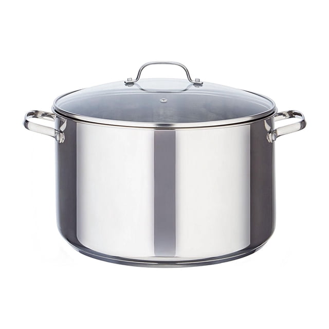 Mainstays Stainless Steel Dutch Oven with Glass Lid shown front-facing, featuring a polished impact-bonded stainless steel body with 13-quart capacity, solid stainless steel handles, and a tempered glass lid with steam vent hole, induction ready and dishwasher safe, ideal for slow-cooking and braising.