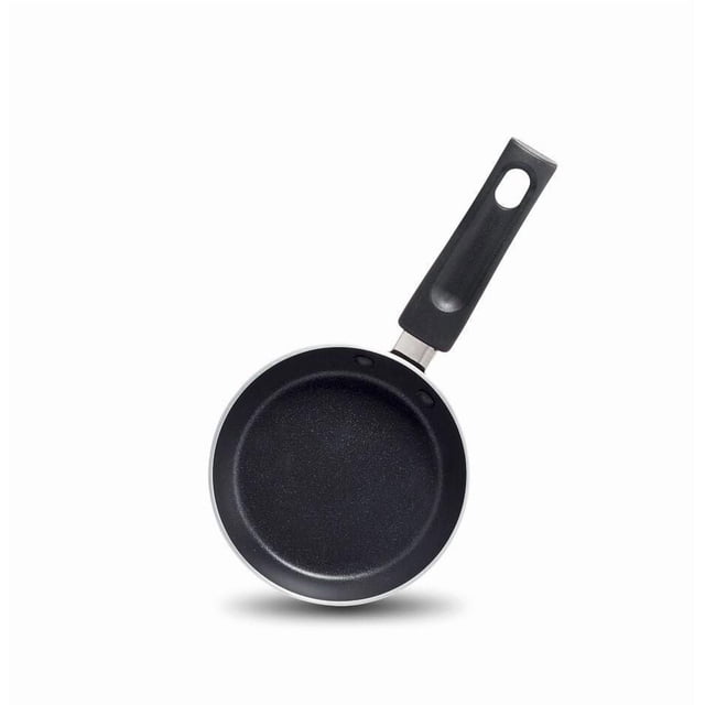 T-fal Essential 12cm One Egg Pan with scratch-resistant black non-stick interior and exterior, riveted Bakelite handle with hanging hole, and warp-resistant machined base compatible with all cooktops except induction, shown top-down on white background, suitable for frying eggs or small portions.