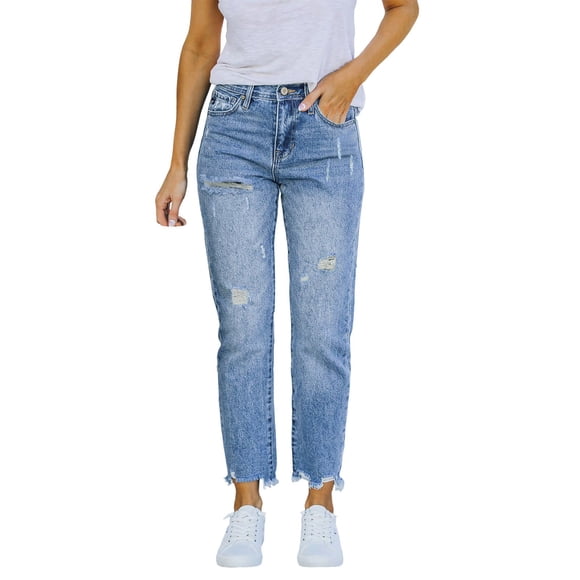 WEAIXIMIUNG Black Ripped Jeans for Women Women Stretchy High Waisted Straight Leg Ripped Boyfriend Jeans Ankle Denim Pants