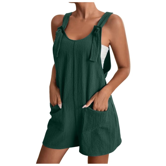 yoeyez Combinaisons et Salopettes pour Femmes pour l'Été, Combinaisons à Bretelles Ajustables Unies pour Femmes Sans Manches à Col Rond, Combishorts Salopettes avec Poches Vert Armée, 3TG