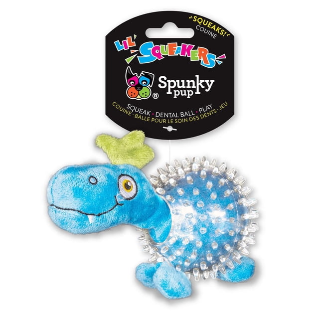 Lil' Bitty Squeakers Dino Dog Toy with a blue plush dinosaur head and legs attached to a clear spiky dental ball, designed for puppies and small dogs to chew and play while promoting dental health.