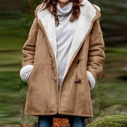 lcziwo Todays Deals Womens Plus Size Winter Coats for Women 2024 Warm Sherpa Fleece Lined Jackets Horn Buckle Hooded Parka Faux Suede Pea Coat Outerwear Brown,XXXXL