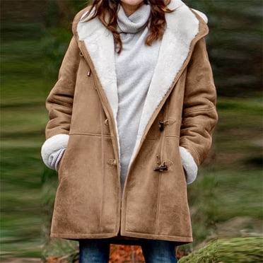 lcziwo Womens Plus Size Winter Coats for Women 2024 Warm Sherpa Fleece Lined Jackets Horn Buckle Hooded Parka Faux Suede Pea Coat Outerwear Brown,XL