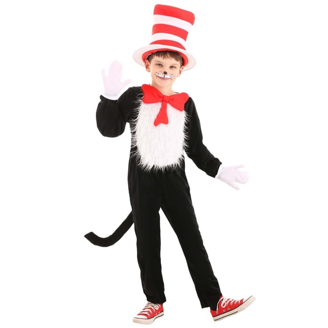 Cat in the Hat Kids Costume featuring a black velour jumpsuit with a faux fur white belly inset, a red foam-backed bow tie, and a stuffed tail. Includes a red and white striped foam-backed hat with an adjustable band and hidden pocket, and white gloves with elastic wristbands. Officially licensed Dr. Seuss costume.