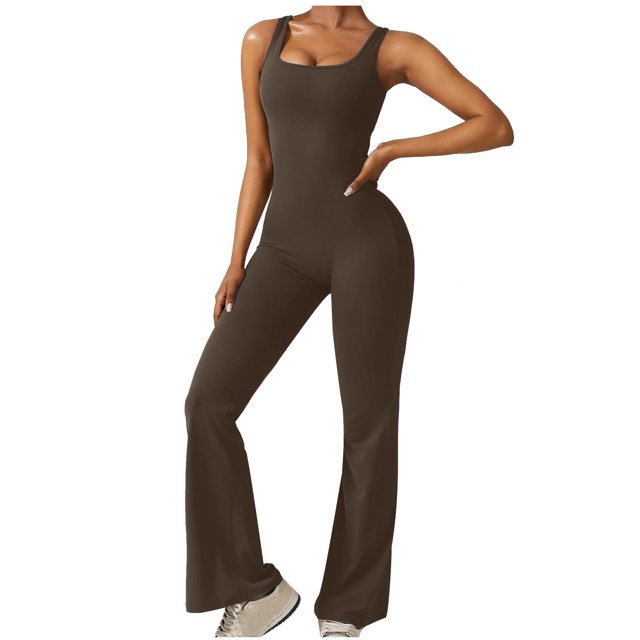 Penkiiy Combinaison à Jambes Larges à Encolure Carrée pour Femme, Brun, m