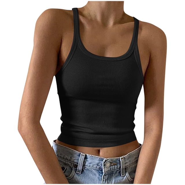 AherBiu Womens Tank Tops Ribbed Knitted Seamless Crop Tops Summer Basic Slim Fitted Stretchy Camisole in black. The tank top features a ribbed texture, a scoop neckline, and a slim, cropped fit. It is styled with light-wash denim jeans, showcasing its versatility for casual wear.