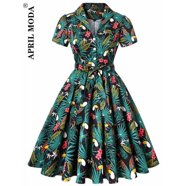 Robe Vintage d'Été pour Femmes Imprimé Perroquet 2024 Robe de Soirée Rétro Verte Rockabilly Années 50 60 Robe d'Été