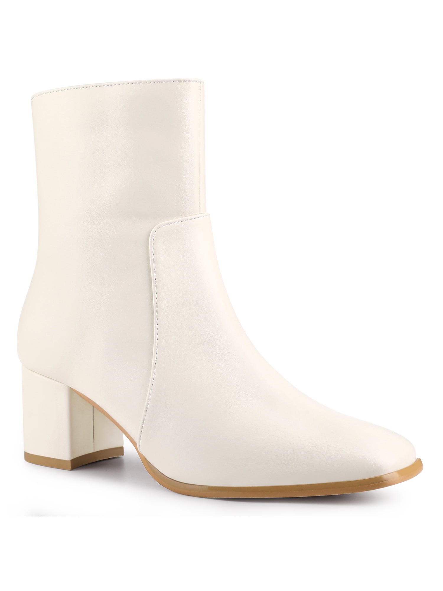 Unique Bargains Women's Square Toe Side Zip Block Heel Ankle Boots Cream (Size 5.5)