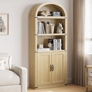 BeesClover Arched Bookcase with Doors 5 Shelf Bookshelf Tall Bookcase Farmhouse Display Storage Rack Wooden Bookshelves for Home Office, Living Room