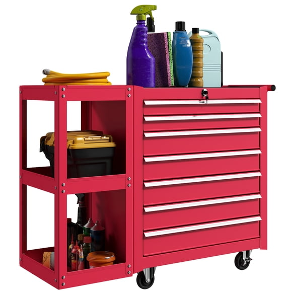 HOMCOM 7-Drawer Tool Chest with Side Shelf, Lockable Tool Box, Red