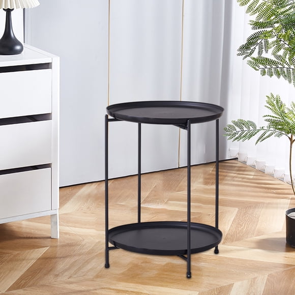 Meitianfacai Scandinavian Style Double Tier Disc Side Table Iron Sofa End Table Plastic Modern Minimalist Living Room Bedroom Small Round Table with Inward Curved Edges for Secure Storage