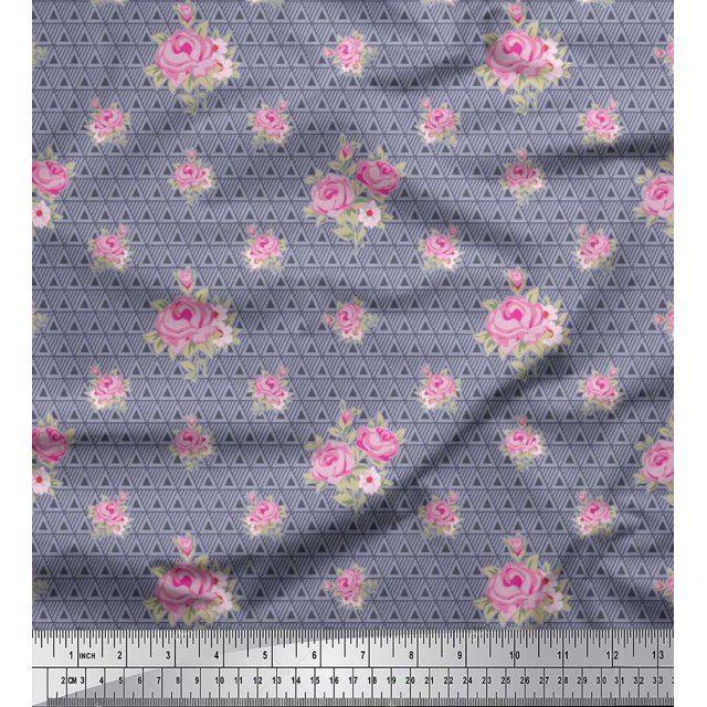 Soimoi Poly Georgette Fabric Triangle,Leaves & Rose Floral Print Fabric by the Yard 52 Inch Wide