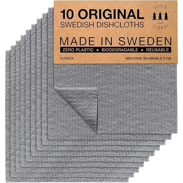 SUPERSCANDI 10 Pack Swedish Dishcloths for Kitchen - 100% Biodegradable & Compostable Reusable Paper Towels Washable, Food-Sa