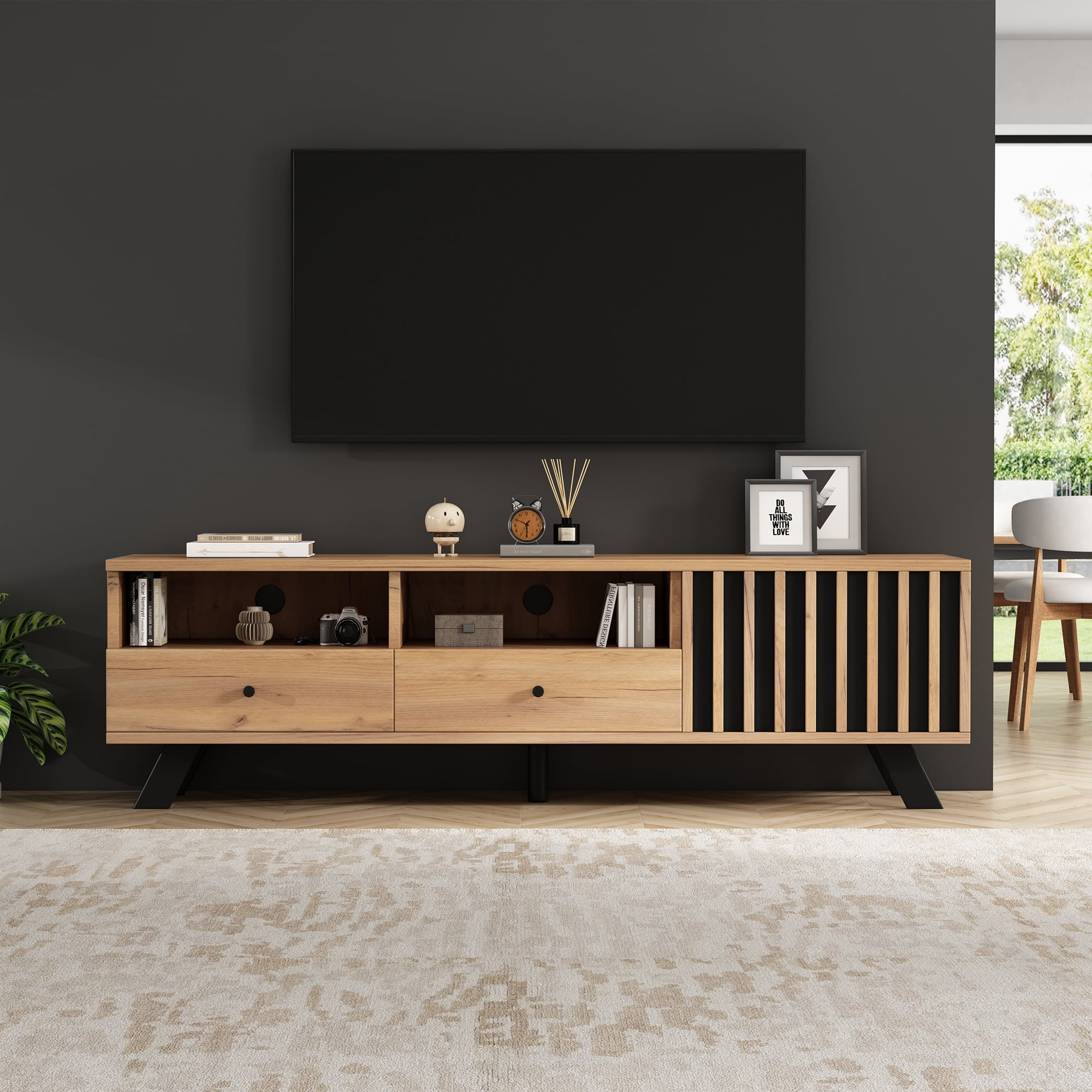 Noble House 59" TV Stand,Open Shelving Wood-Grain Finish Media Console for 65" TV,Natural