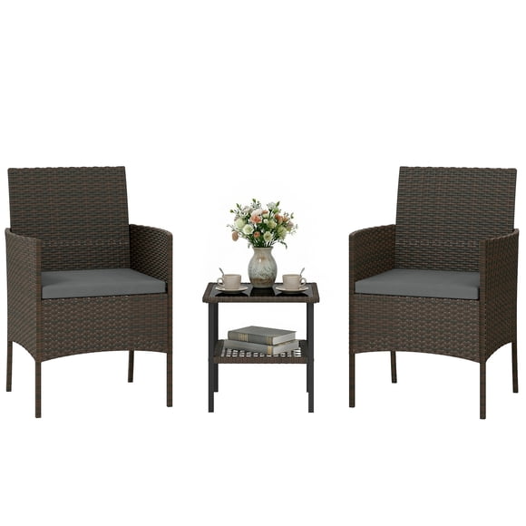 Outsunny Ensemble Bistro de Mobilier de Patio en Osier 3 Pcs avec Coussins, Gris Foncé
