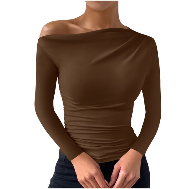 Plebaso Women's One Shoulder Tops Short/Long Sleeve Slim Shirts Ruched Going out Tees Shirts for Women