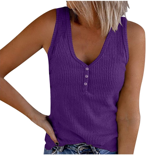 Timegard Womens Tank Tops Summer Ribbed V Neck Button Sleeveless Slim Basic Tee Casual Going out Tops