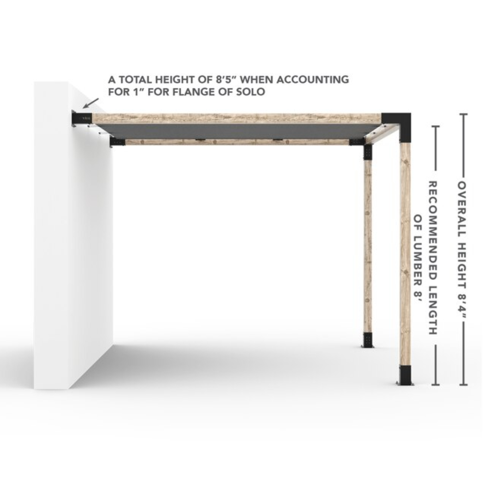 Kit de pergola murale Toja 8'x8' avec voile d’ombre en graphite pour poteaux en bois 4x4