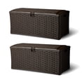 thumbnail image 1 of Suncast 72 Gallon Resin Wicker Outdoor Patio Storage Deck Box, Brown (2 Pack), 1 of 9