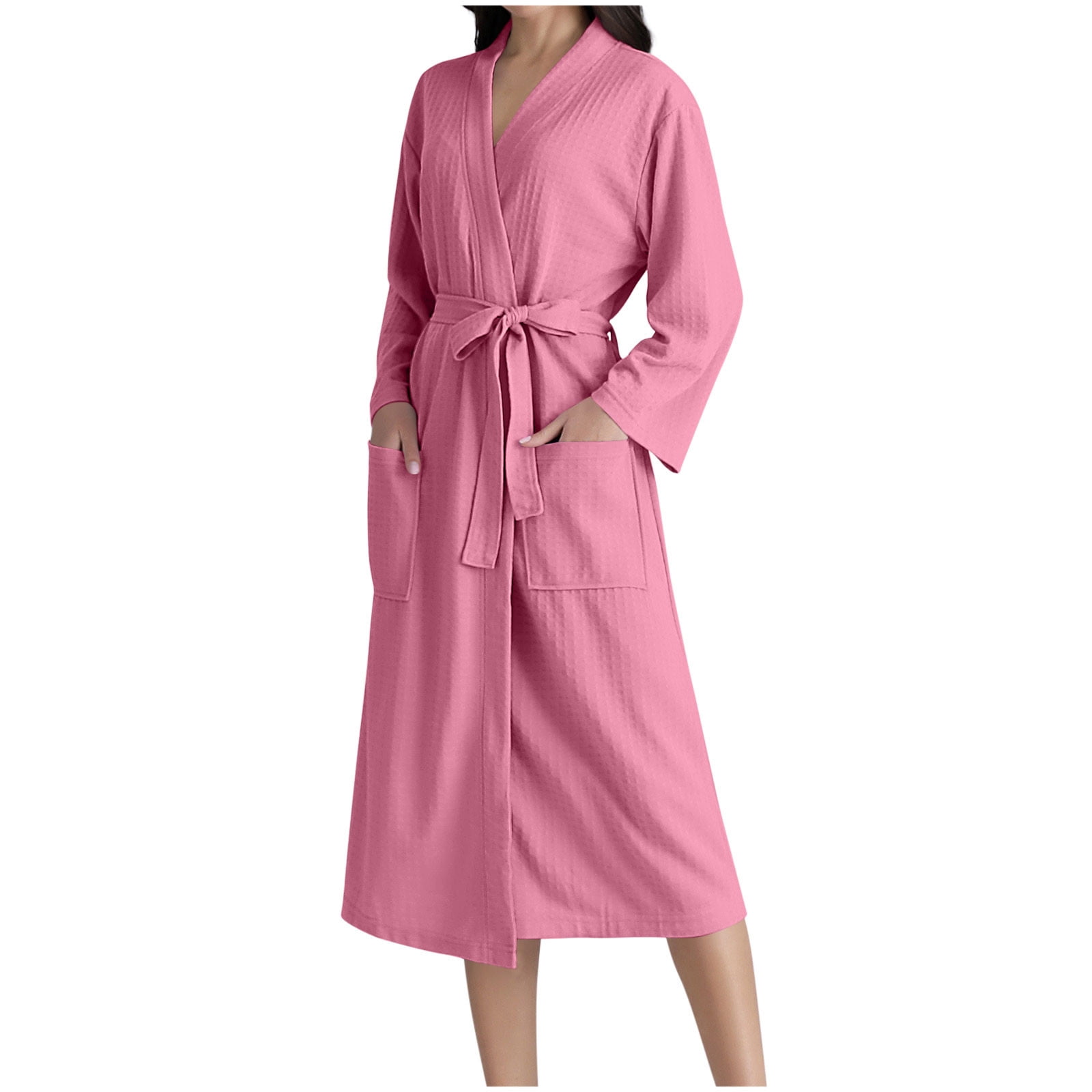 Women's Long Sleeve V Neck Solid Color Open Front Bathrobe with Belt Soft Lightweight Homewear Robe Unisex for Men and Women(Hot Pink,2XL)