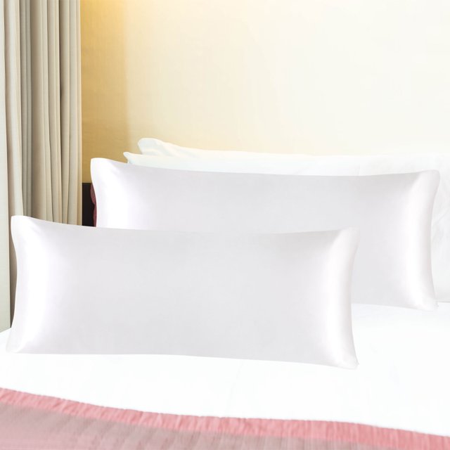 PiccoCasa Satin Body Pillowcases 2 Pcs Soft with Zipper Closure White 20"x54"