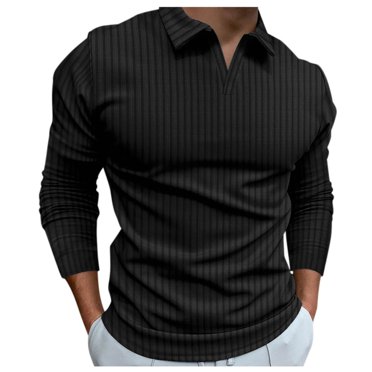 FhsagQ Chemises pour Hommes Chemises pour Hommes Trou Super Ajusté Homme Décontracté Automne Tissu Rayé T-Shirt Col en V Col Rabattu Manches Longues Hauts T-Shirt Chemises pour Hommes Hauts Chemises pour Hommes Hauts Blanc Noir G